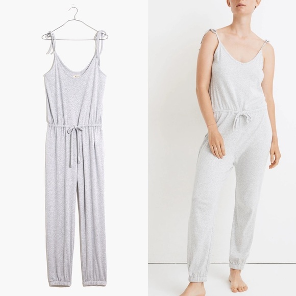 Madewell Knit Pointelle Tie-Strap Pajama Jumpsuit Heather Baby Grey Size Small - Picture 1 of 8